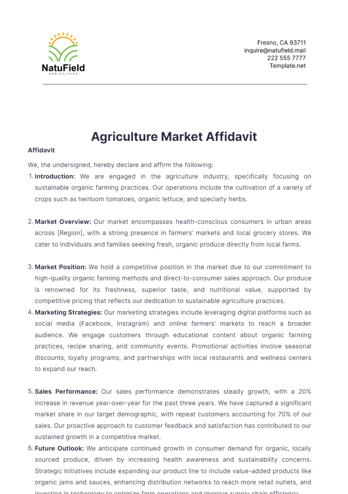 Agriculture Market Affidavit Template - Edit Online & Download