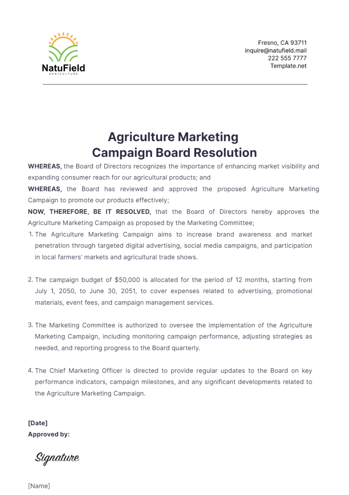 Agriculture Marketing Campaign Board Resolution Template - Edit Online & Download