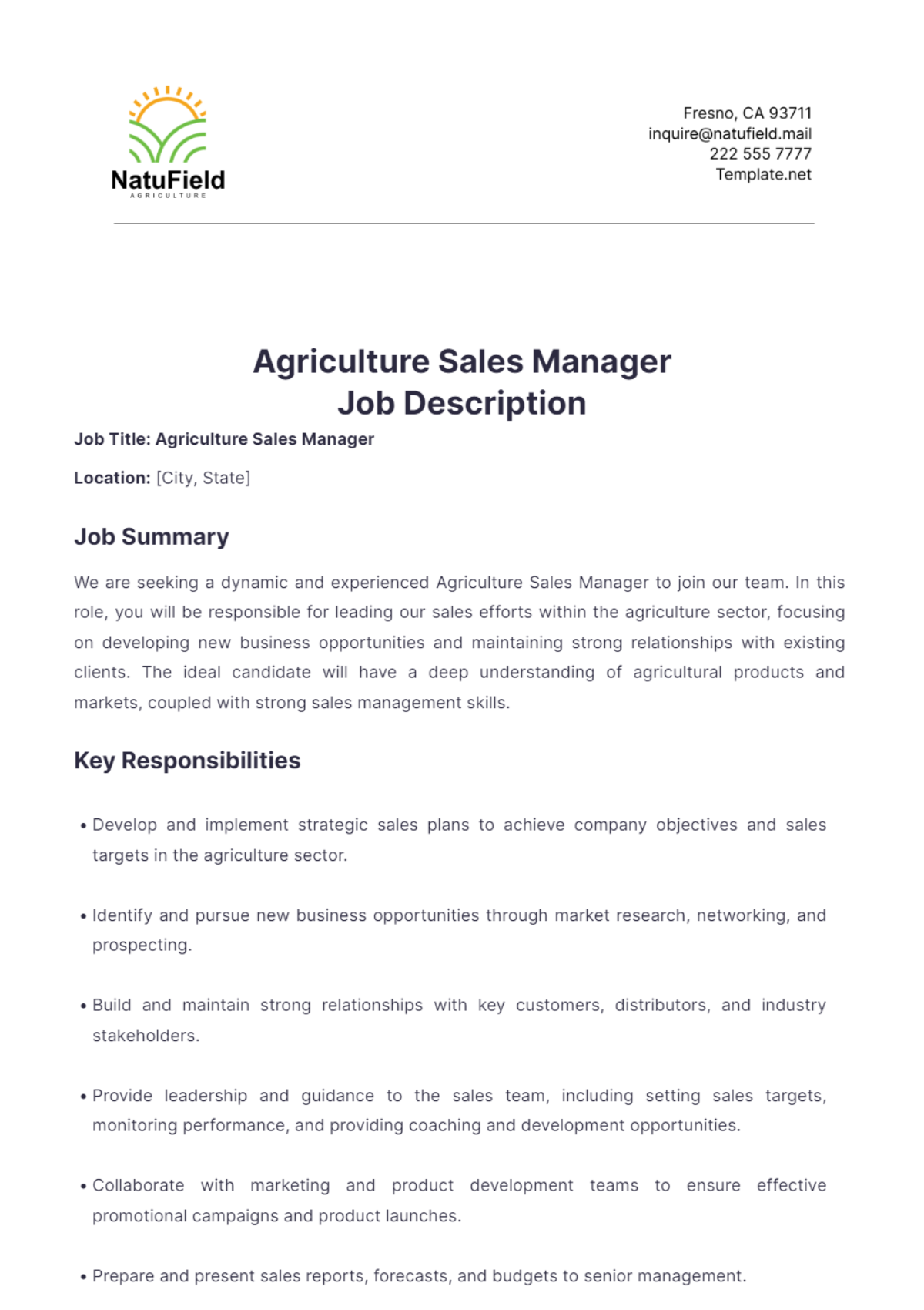 Agriculture Sales Manager Job Description Template - Edit Online & Download