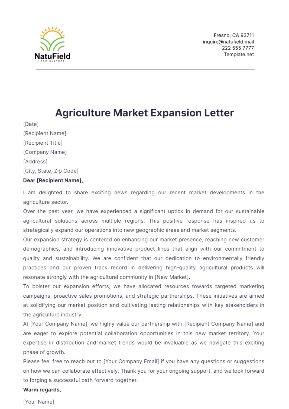 Agriculture Market Expansion Letter Template