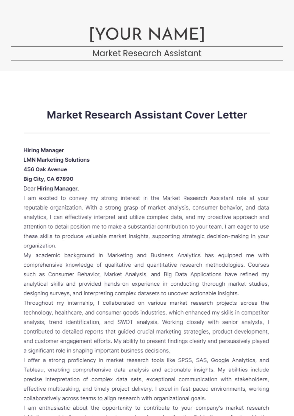 Market Research Assistant Cover Letter - Edit Online & Download