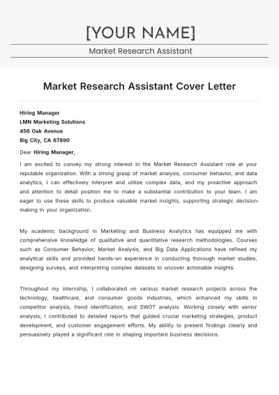 Free Market Research Assistant Cover Letter to Edit Online