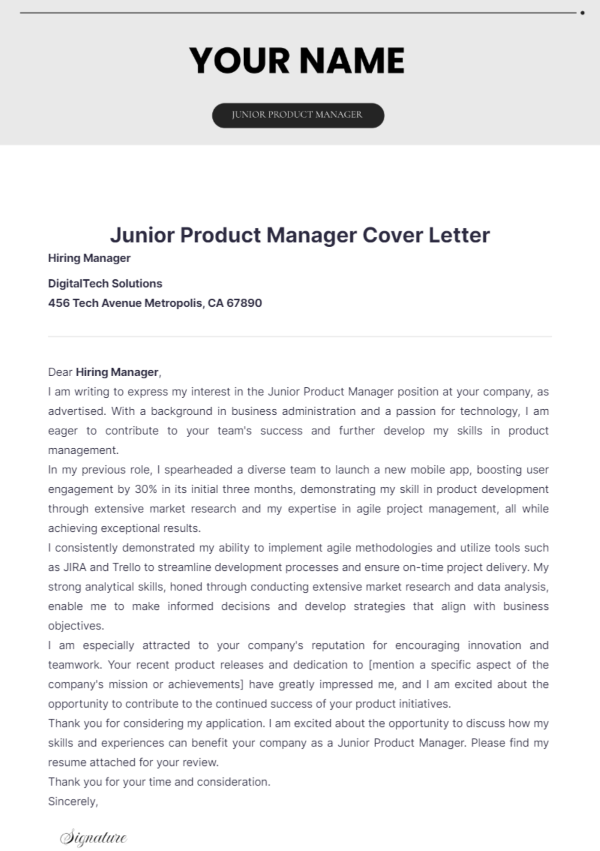 Junior Product Manager Cover Letter - Edit Online & Download