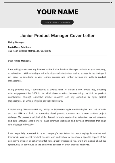 Free Junior Product Manager Cover Letter to Edit Online