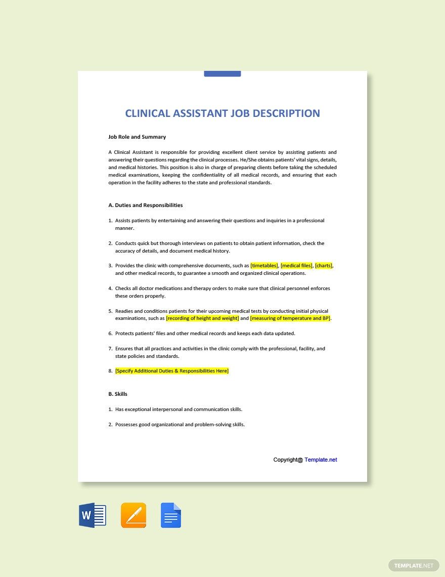 Clinical Assistant Word Templates Design Free Download Template Net   Clinical Assistant Job Description 1 