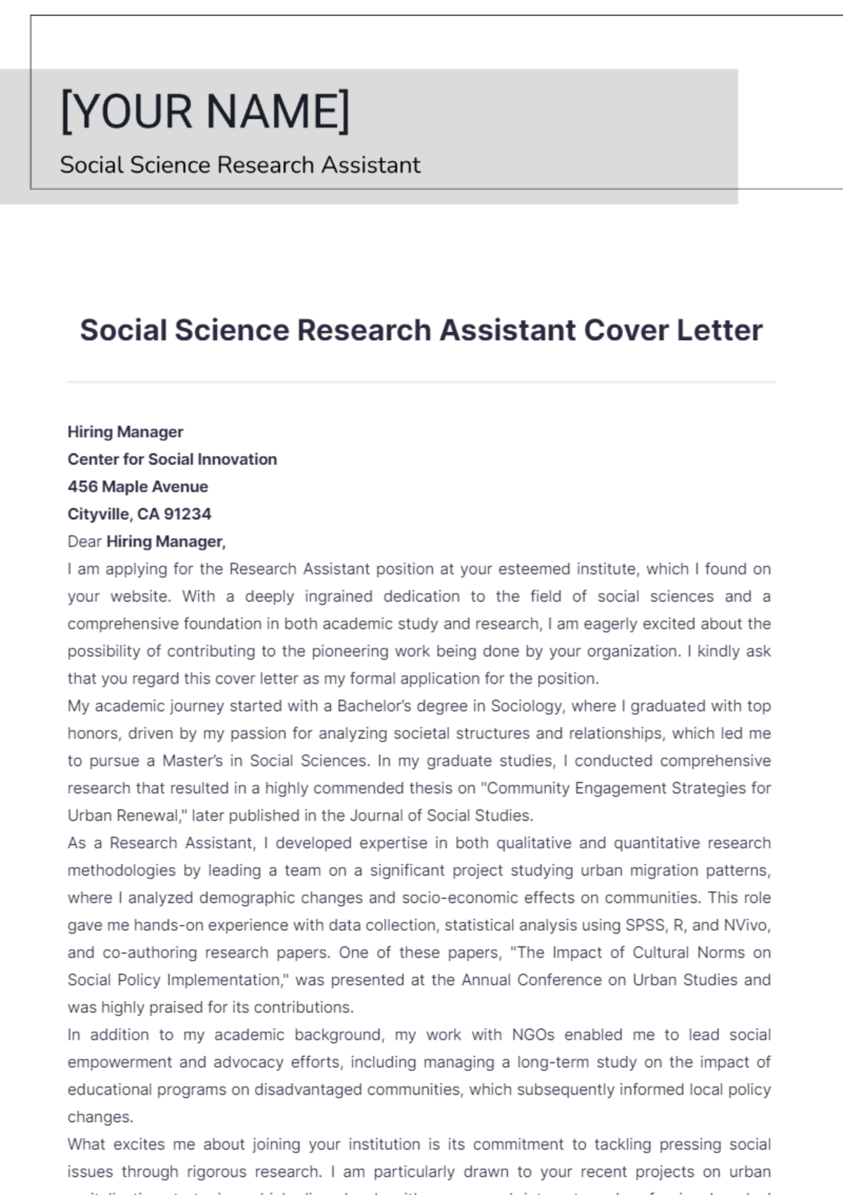 Social Science Research Assistant Cover Letter