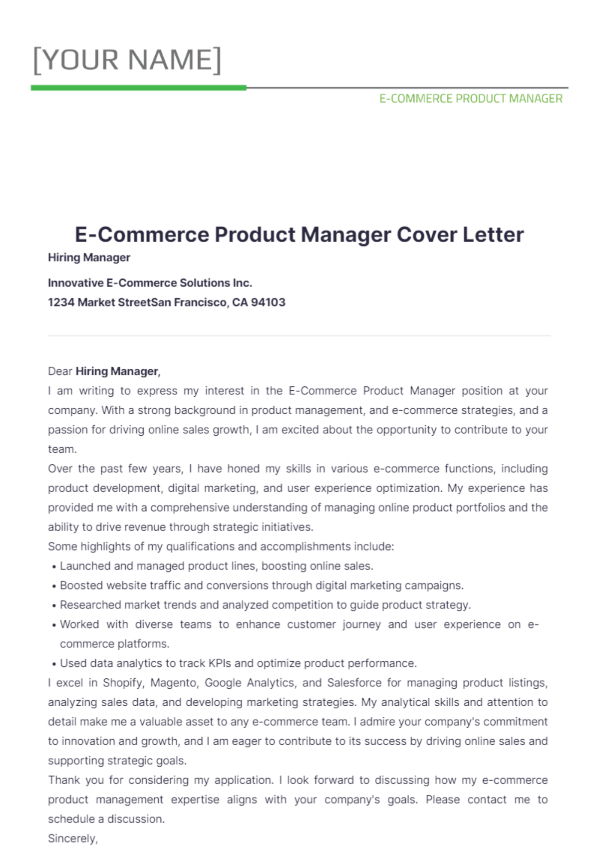 E-Commerce Product Manager Cover Letter - Edit Online & Download