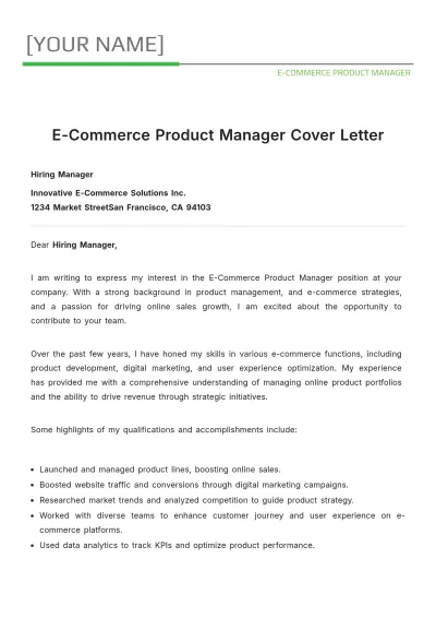 Free E-Commerce Product Manager Cover Letter to Edit Online
