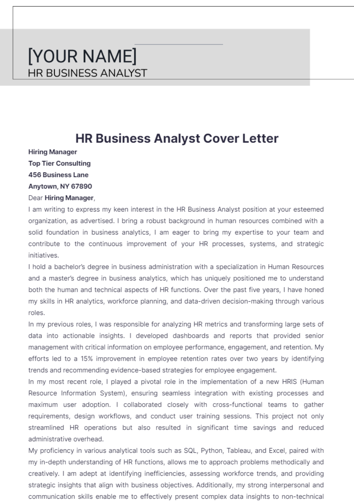 HR Business Analyst Cover Letter