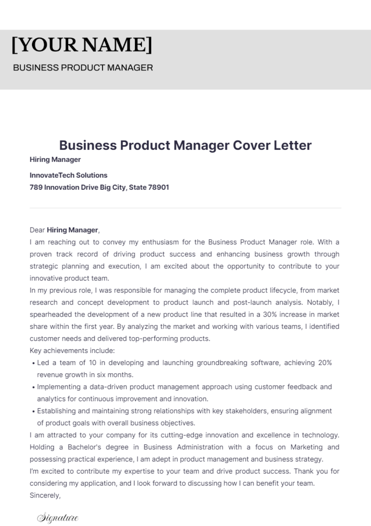 Business Product Manager Cover Letter - Edit Online & Download