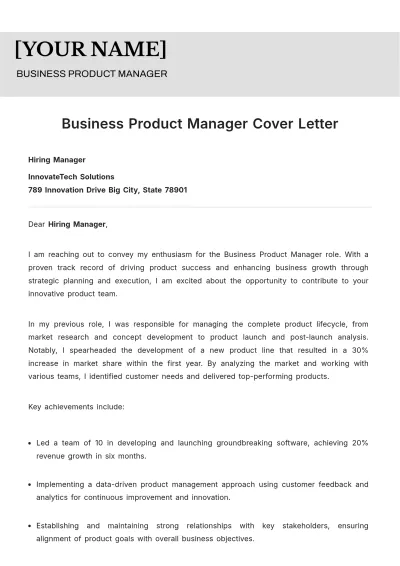 Free Business Product Manager Cover Letter to Edit Online