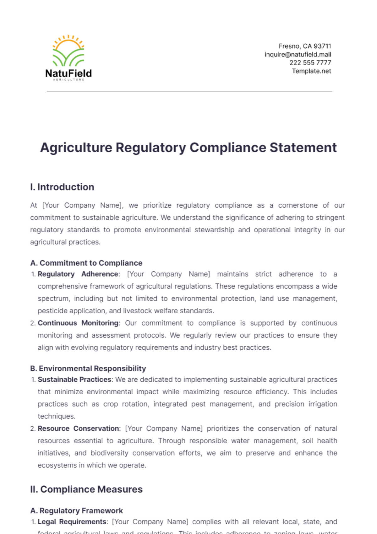 Agriculture Regulatory Compliance Statement Template