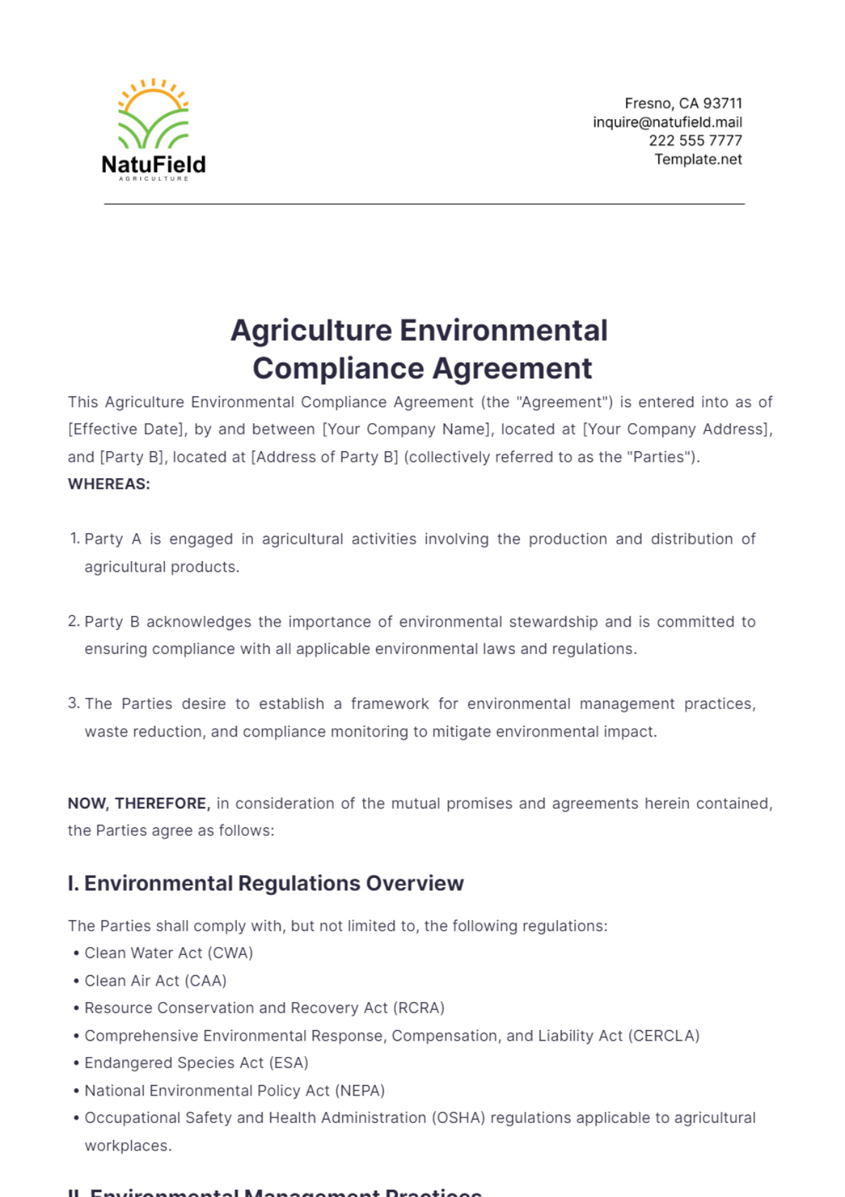 Agriculture Environmental Compliance Agreement Template