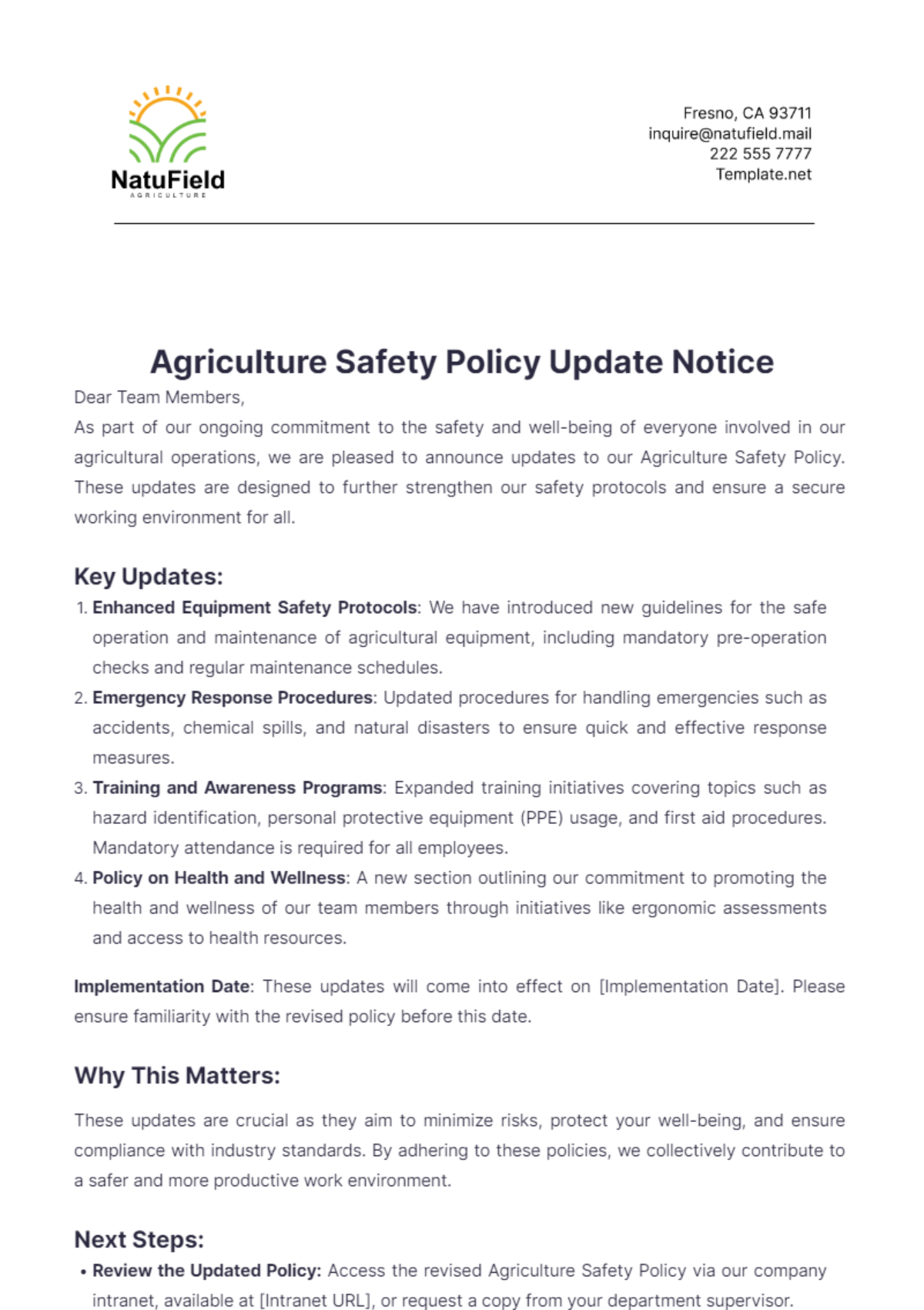 Agriculture Safety Policy Update Notice Template