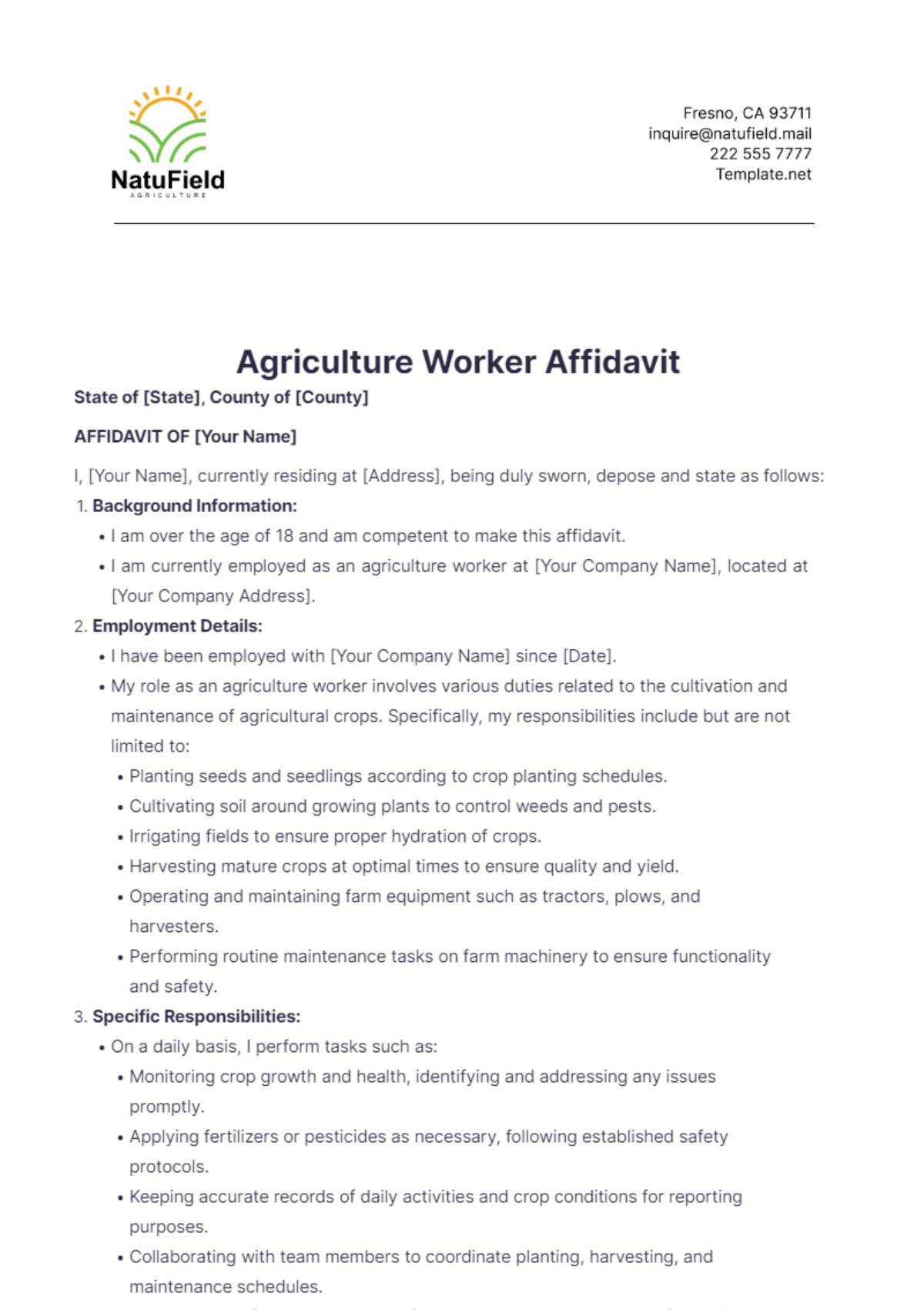 Agriculture Worker Affidavit Template - Edit Online & Download