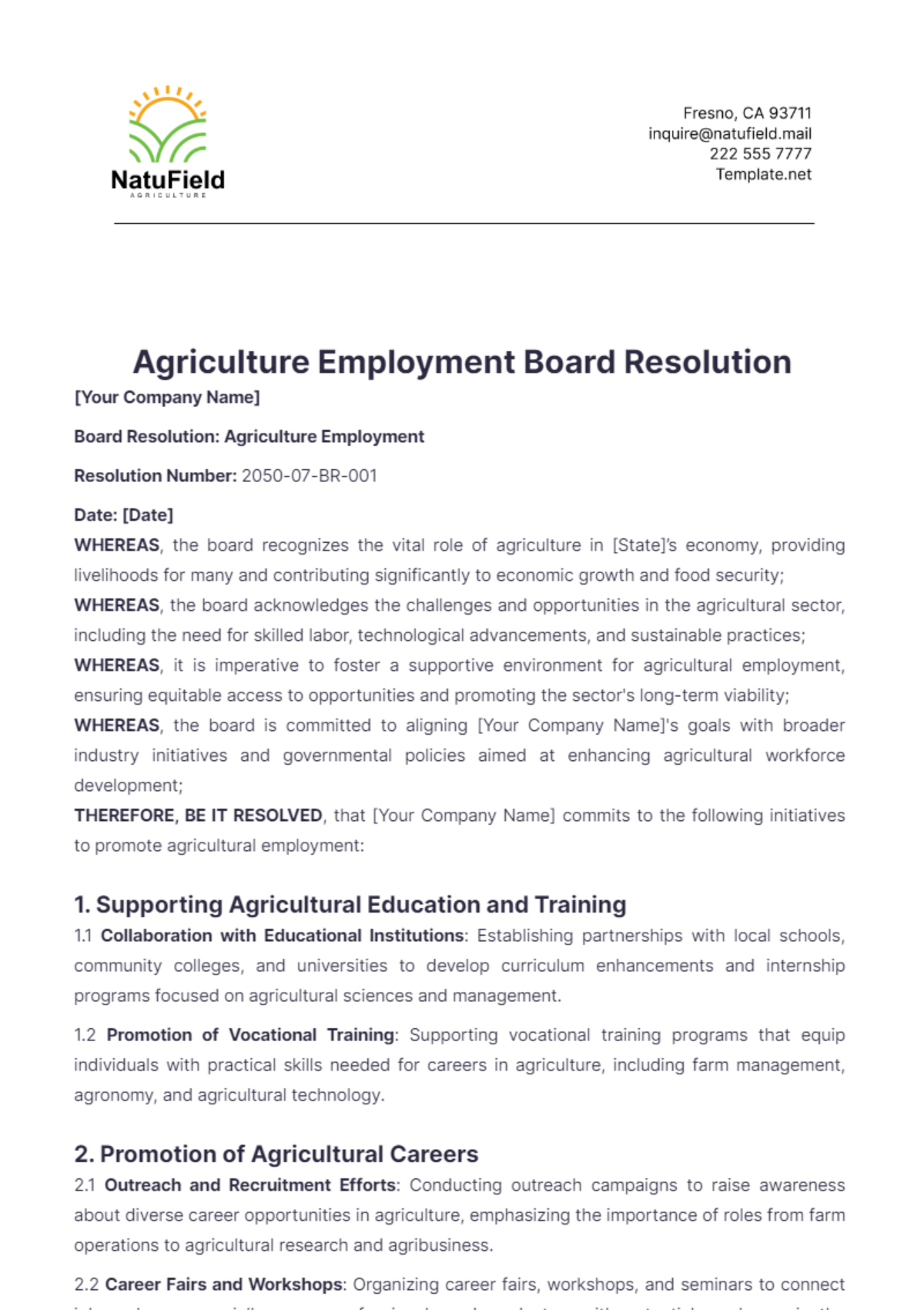 Agriculture Employment Board Resolution Template - Edit Online & Download