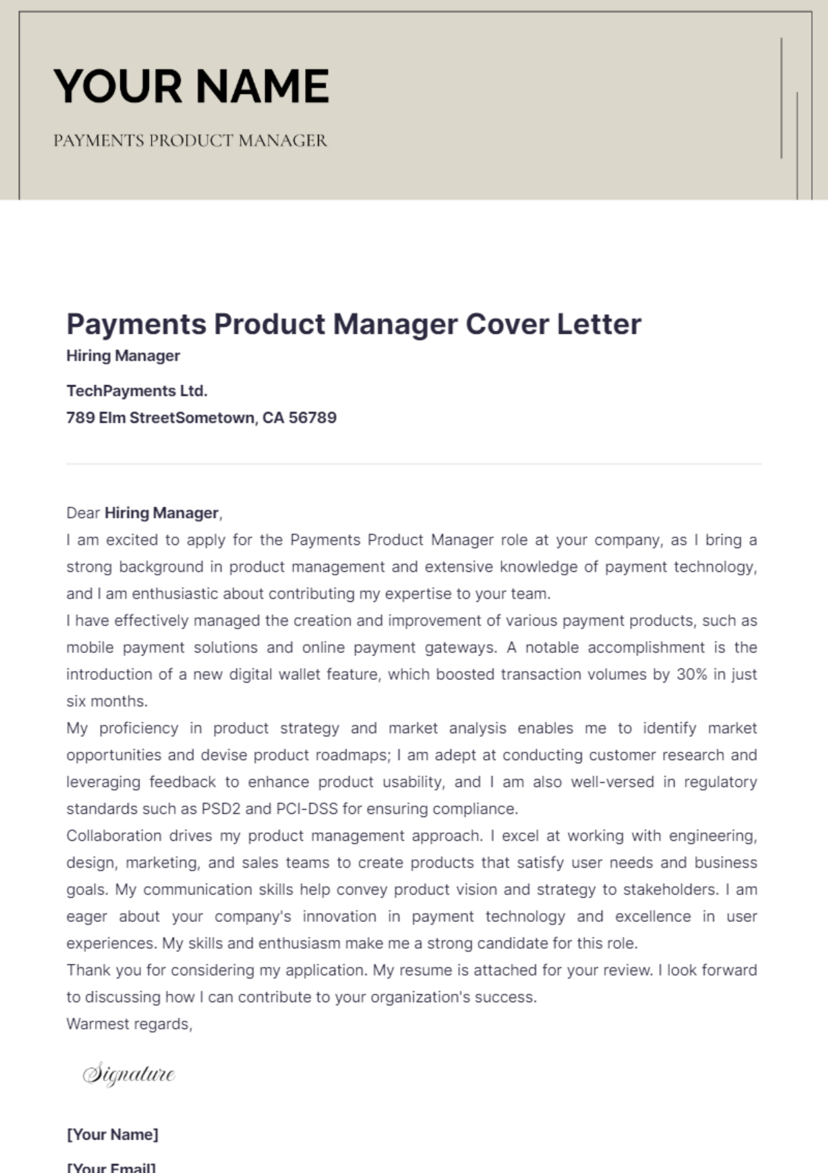 Payments Product Manager Cover Letter - Edit Online & Download