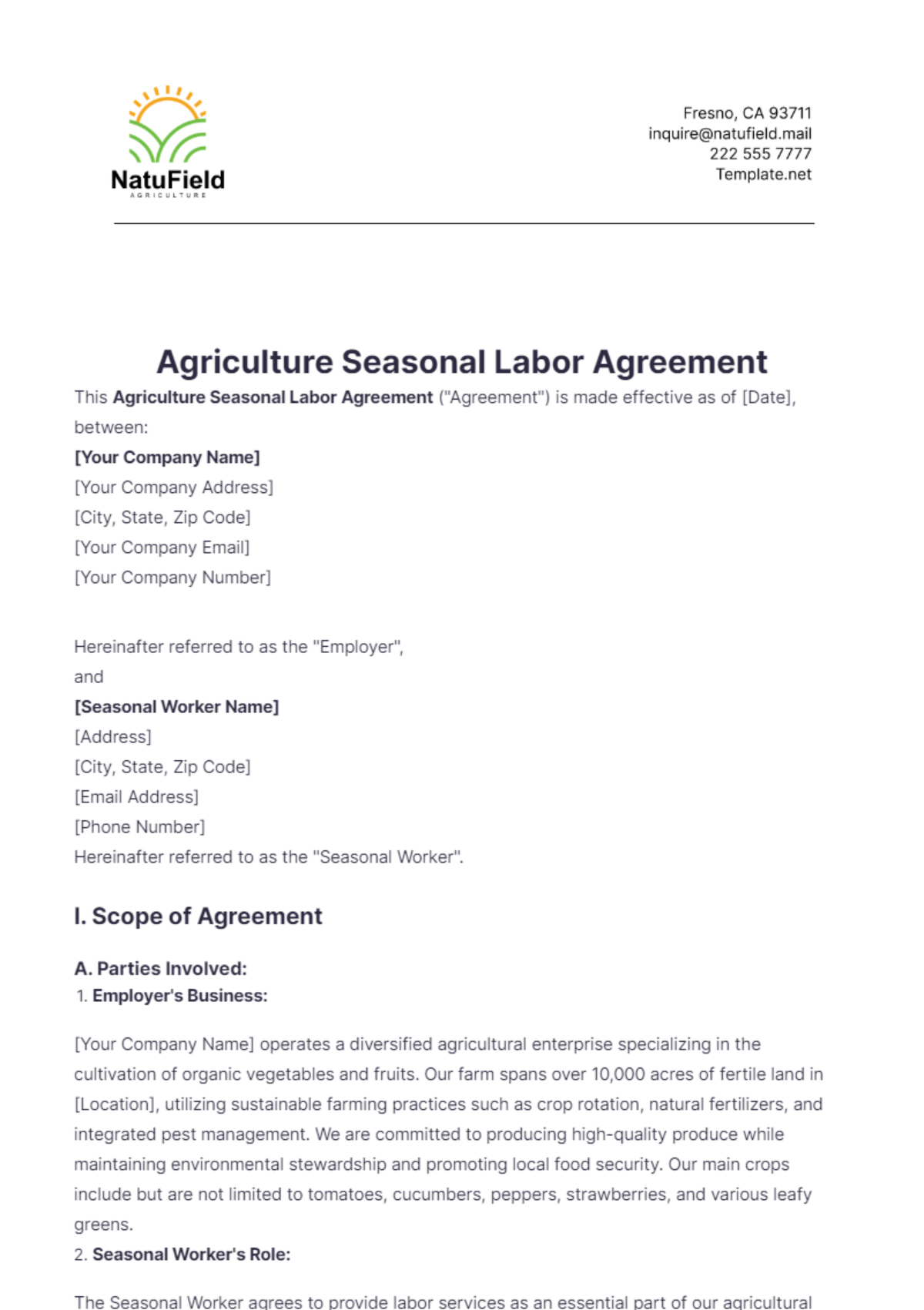 Agriculture Seasonal Labor Agreement Template - Edit Online & Download