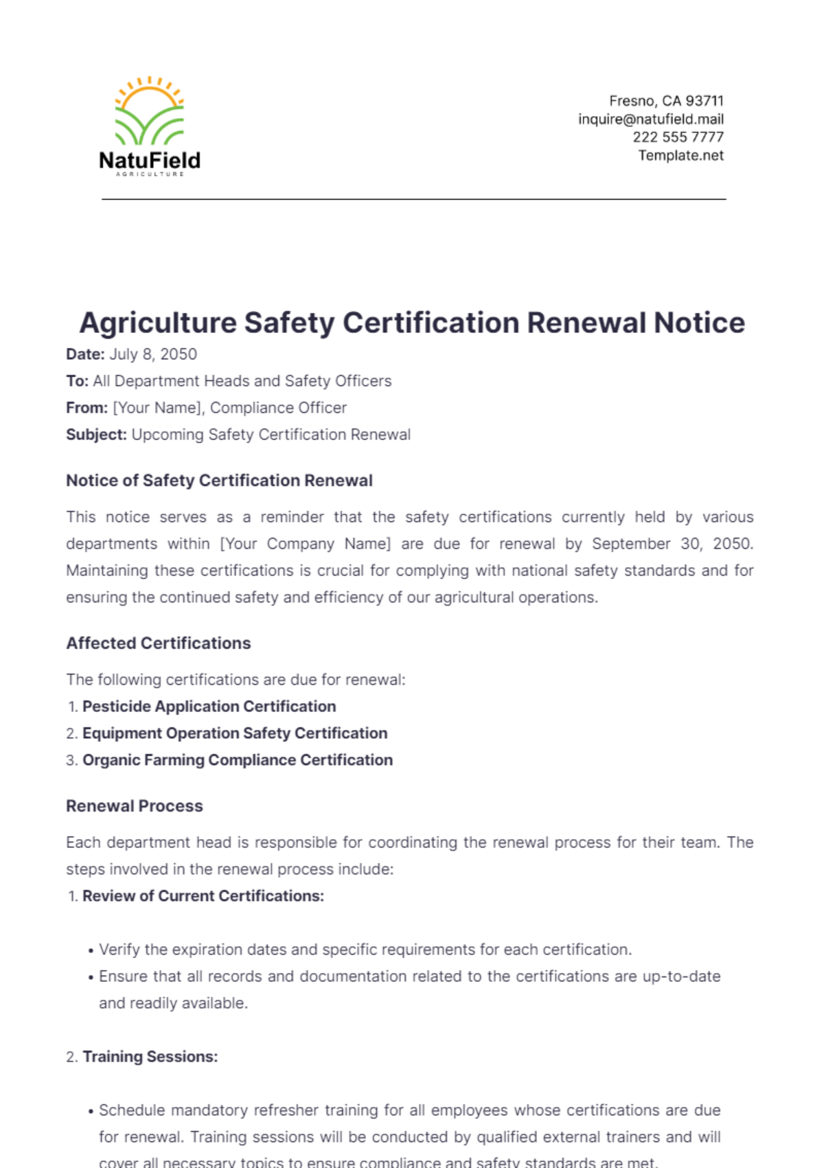 Agriculture Safety Certification Renewal Notice Template - Edit Online & Download