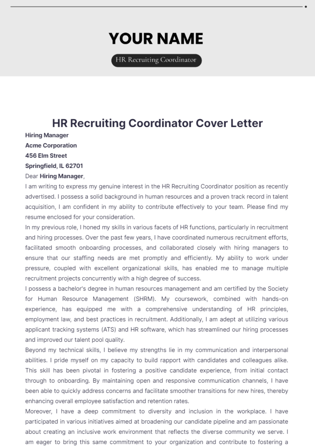 HR Recruiting Coordinator Cover Letter