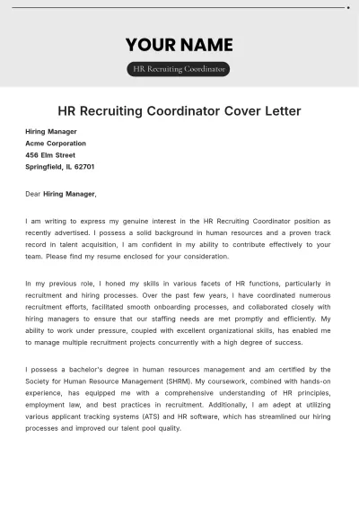 Free HR Recruiting Coordinator Cover Letter to Edit Online