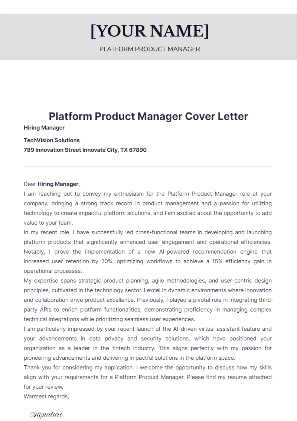 Platform Product Manager Cover Letter