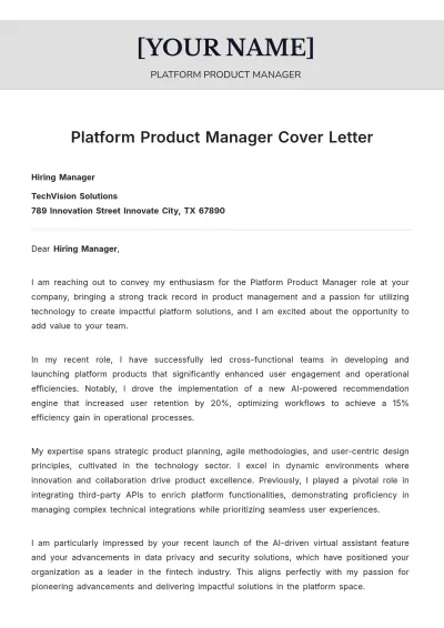 Free Platform Product Manager Cover Letter to Edit Online