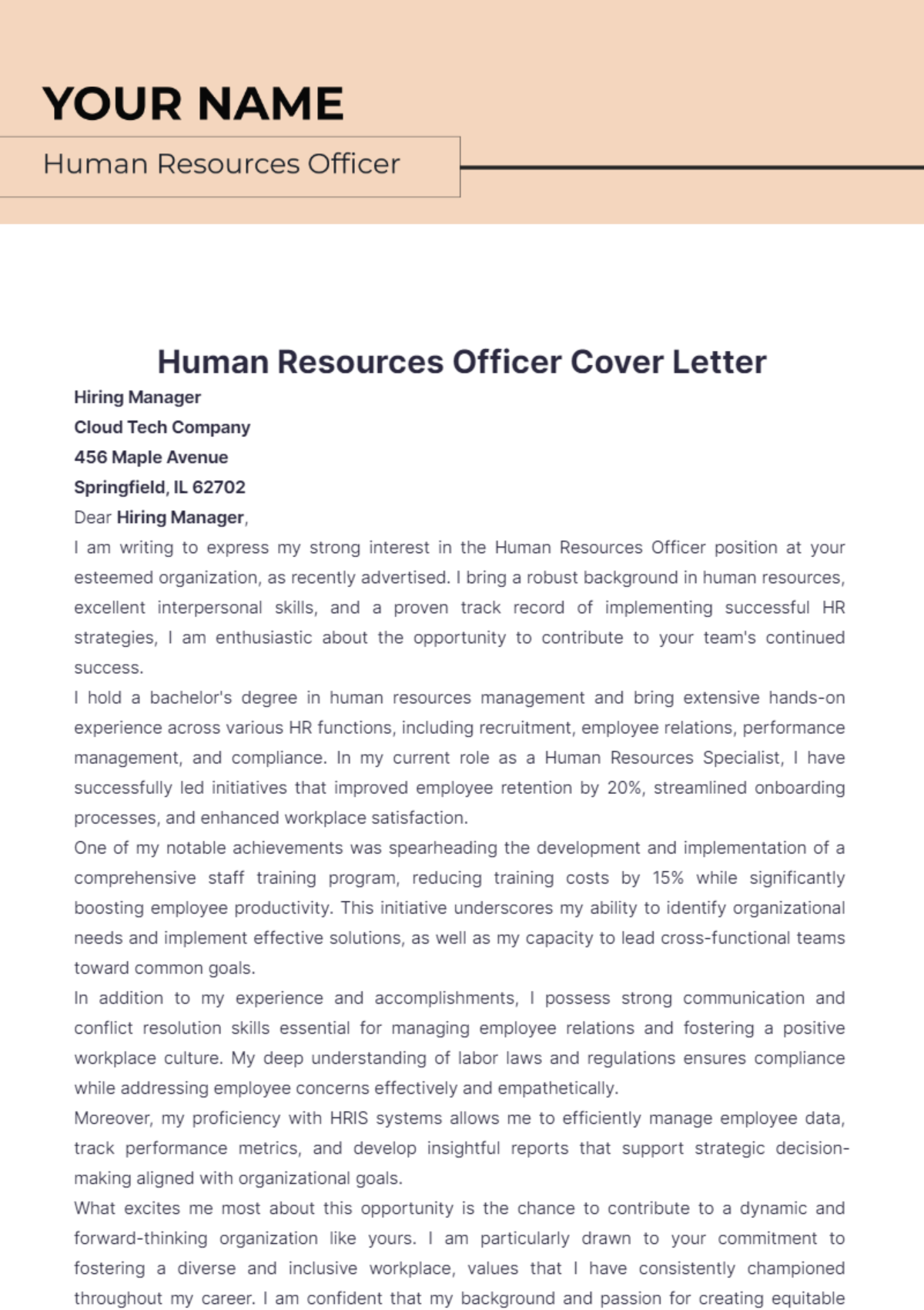 Human Resources Officer Cover Letter