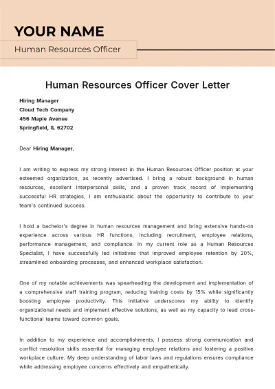 Free Human Resources Officer Cover Letter to Edit Online