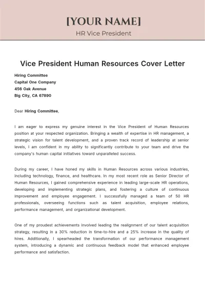 Free Vice President Human Resources Cover Letter to Edit Online
