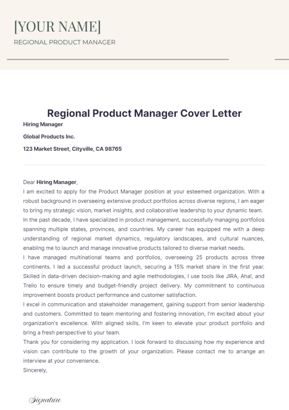 Regional Product Manager Cover Letter - Edit Online & Download