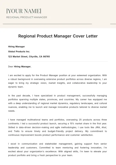 Free Regional Product Manager Cover Letter to Edit Online