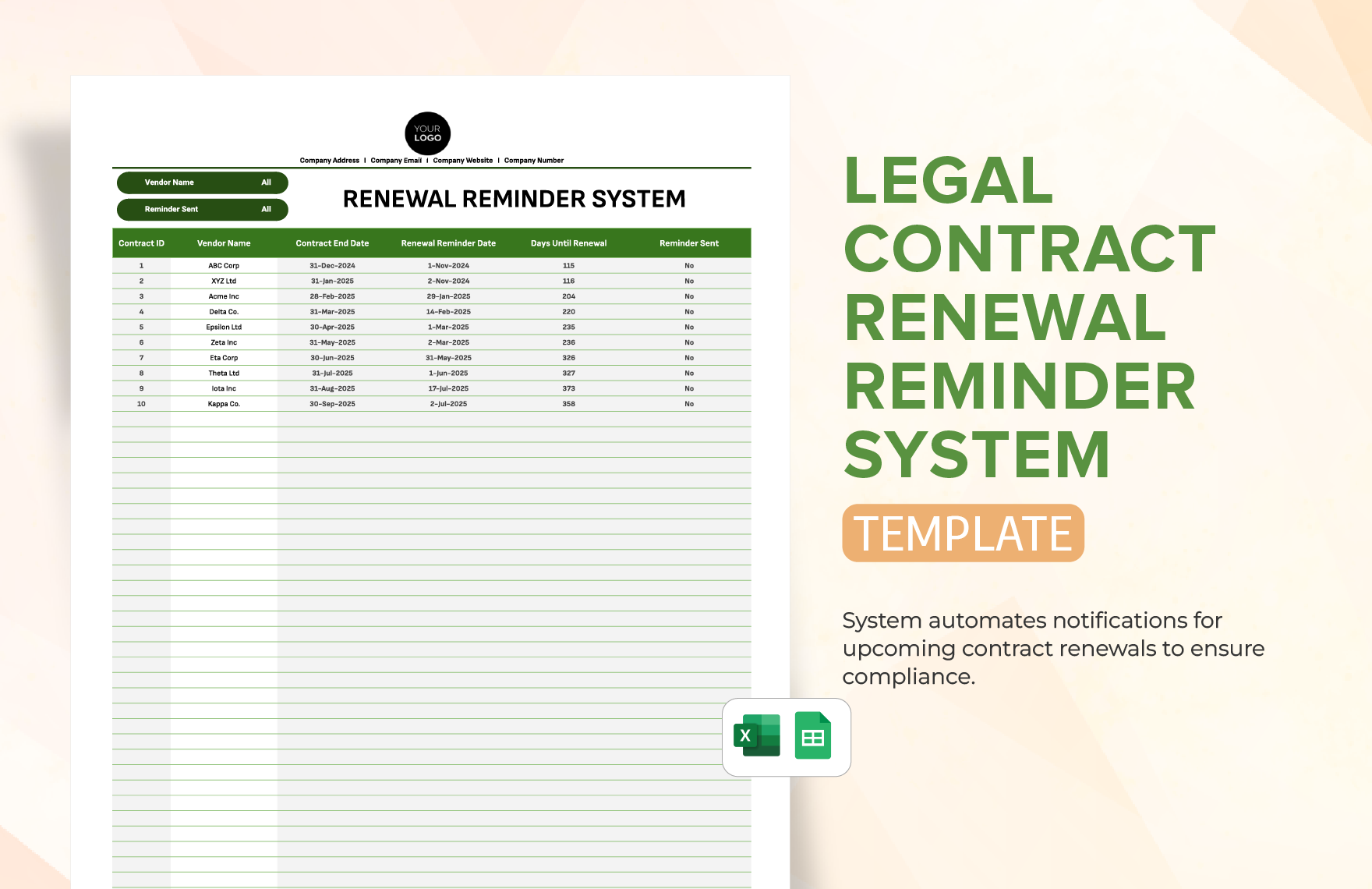 Legal Contract Renewal Reminder System Template in Excel, Google Sheets
