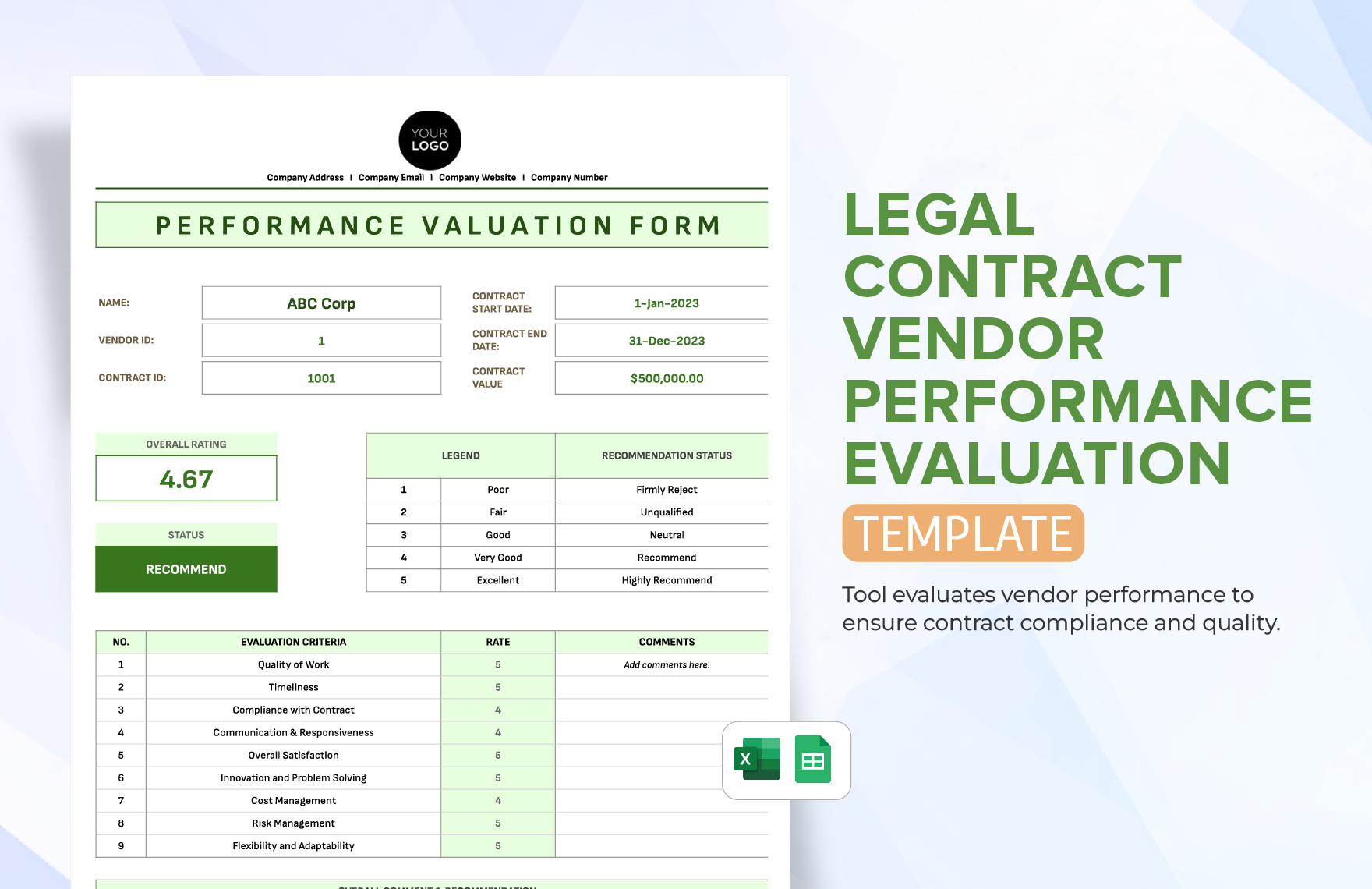 Legal Contract Vendor Performance Evaluation Template