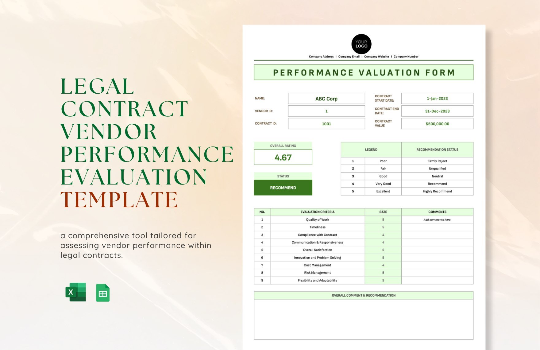 Legal Contract Vendor Performance Evaluation Template in Excel, Google Sheets