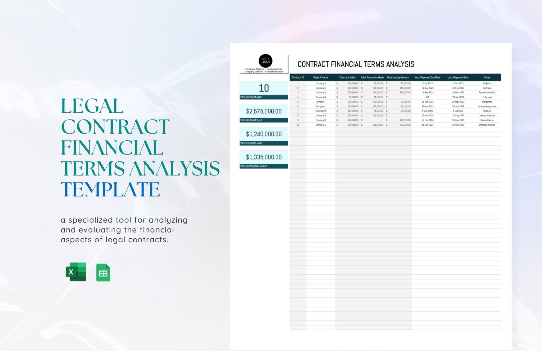 Legal Contract Financial Terms Analysis Template in Excel, Google Sheets