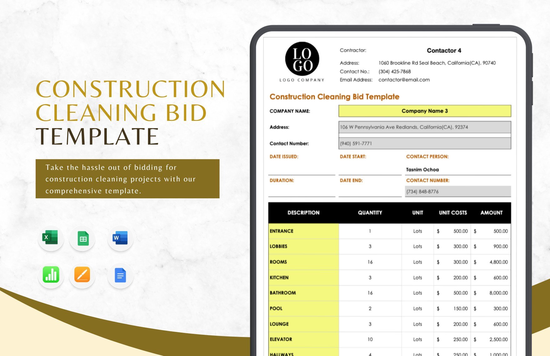 Construction Cleaning Bid Template in Word, Google Docs, Excel, Google Sheets, Apple Pages, Apple Numbers
