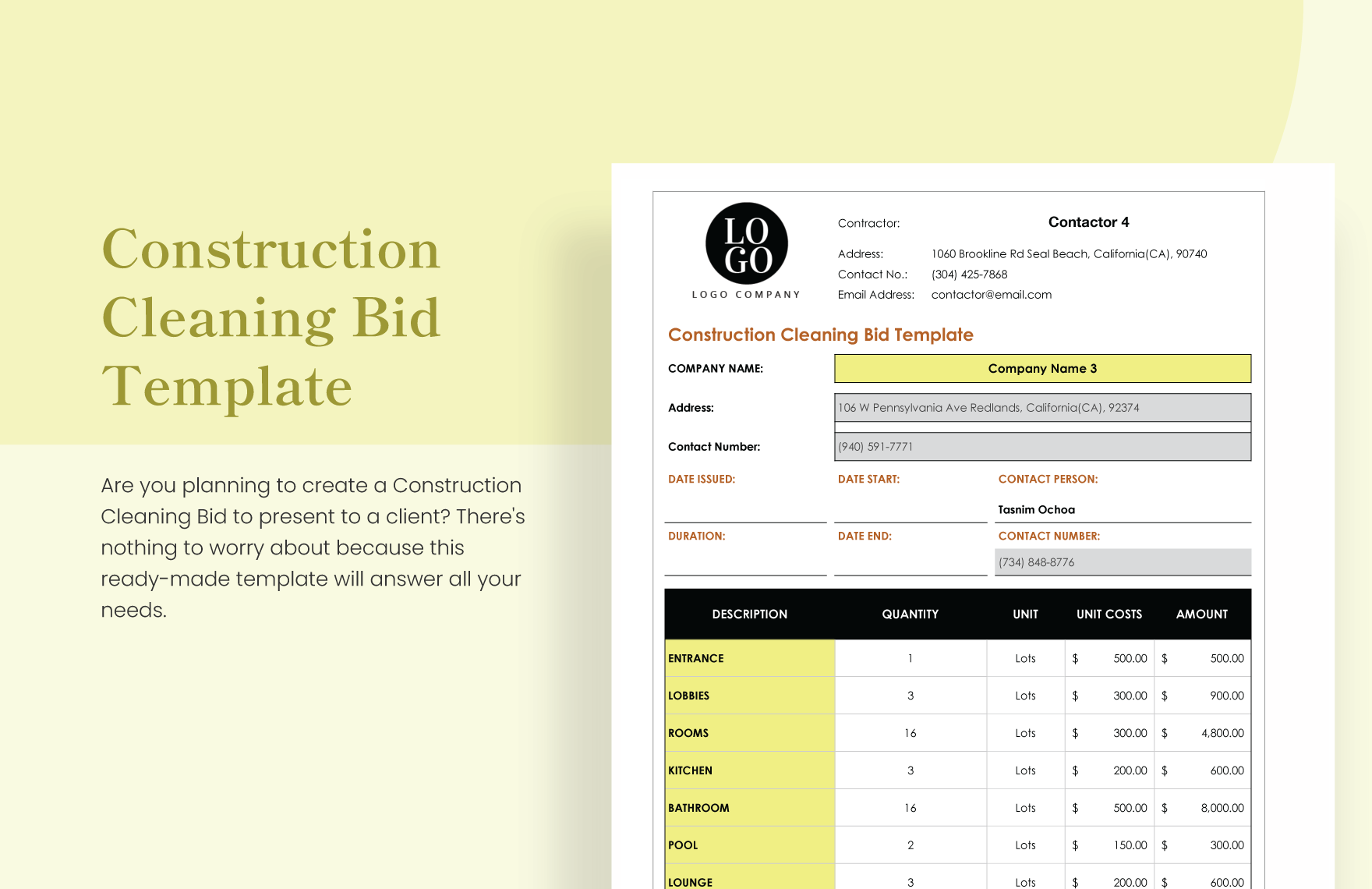 excel construction bid template