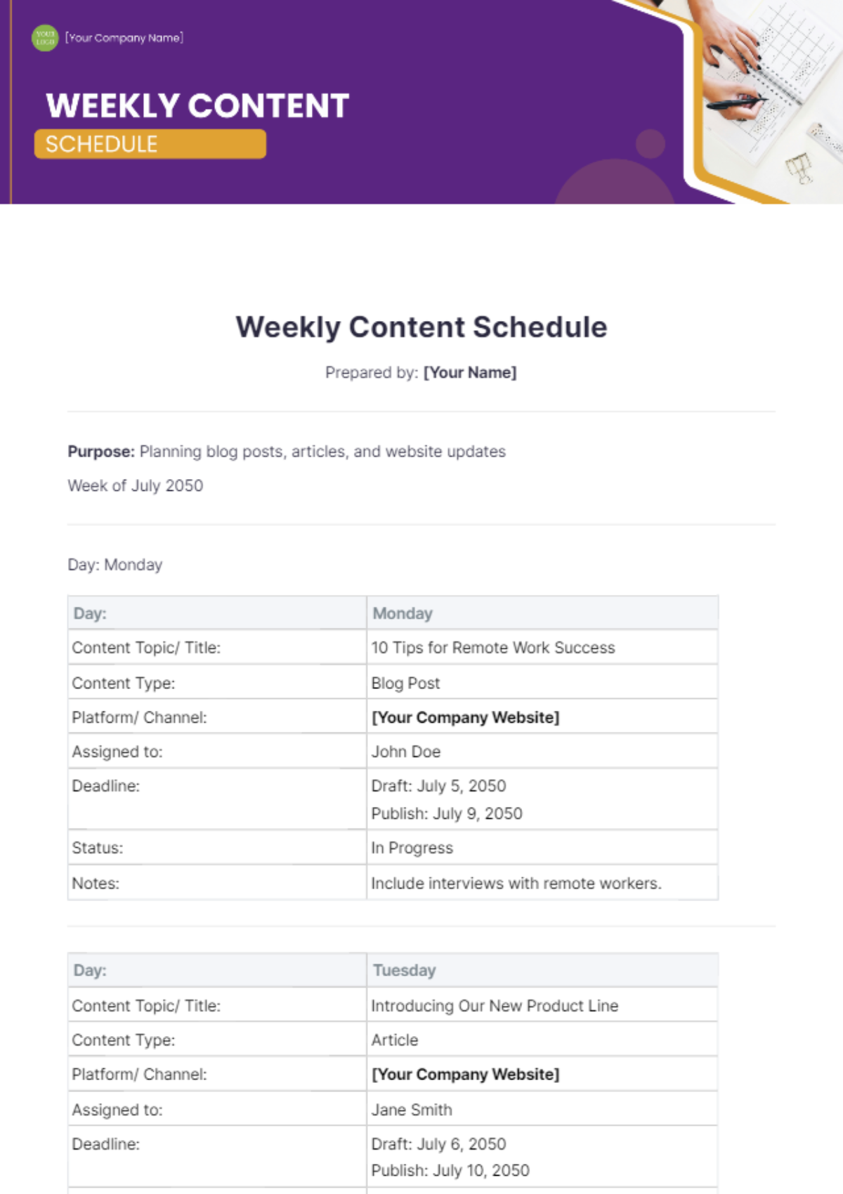 Weekly Content Schedule Template - Edit Online & Download