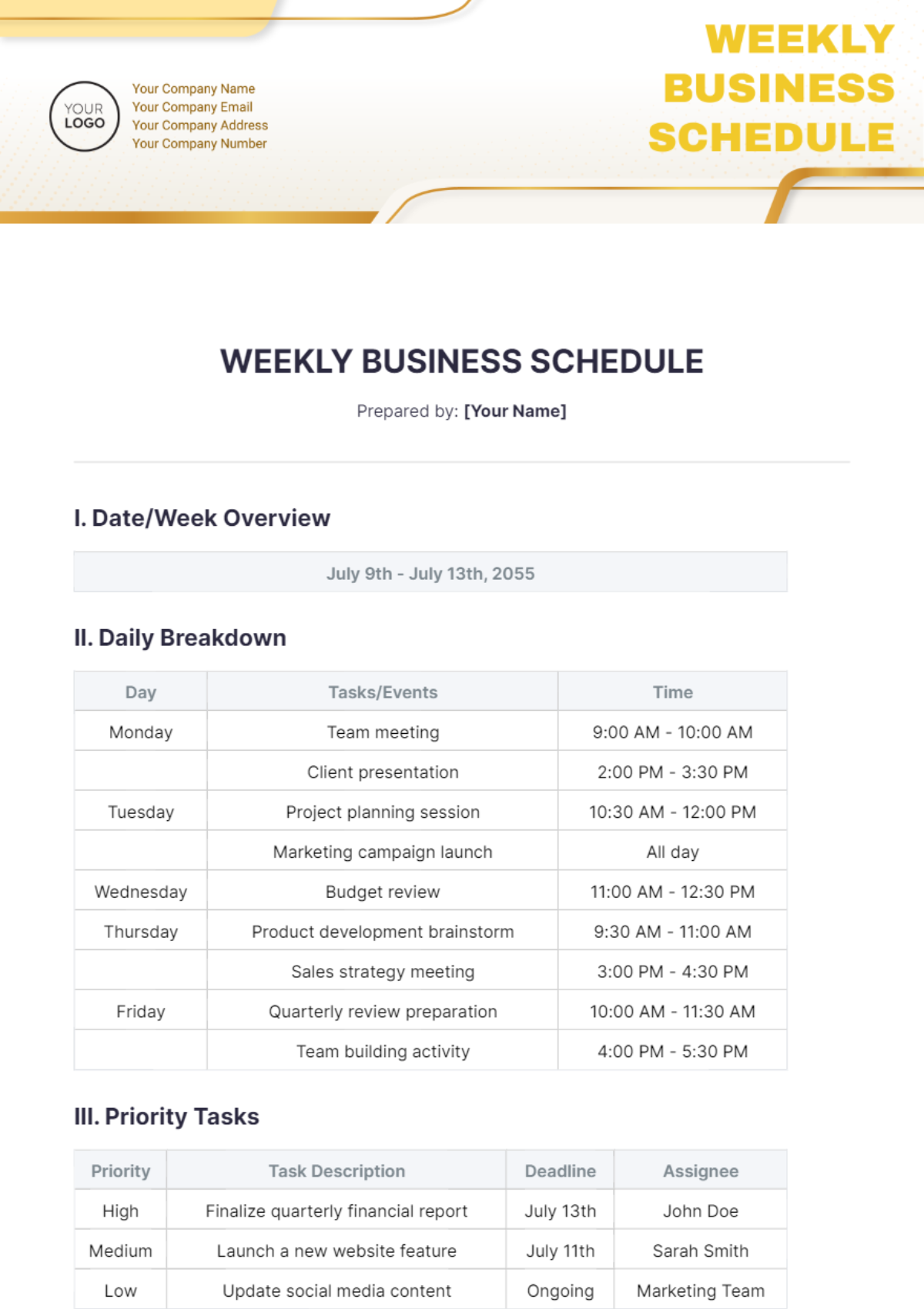 Weekly Business Schedule Template - Edit Online & Download