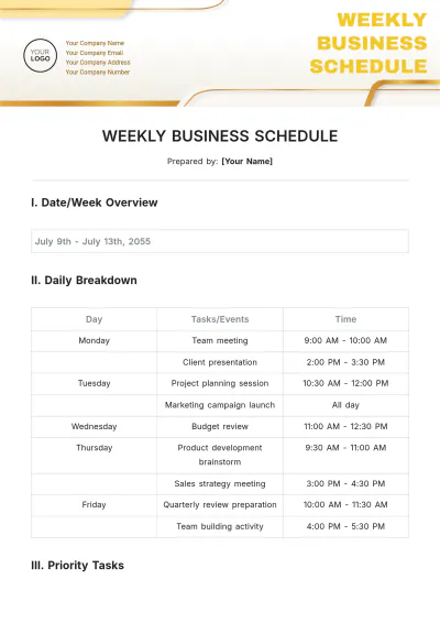 Free Weekly Business Schedule Template to Edit Online