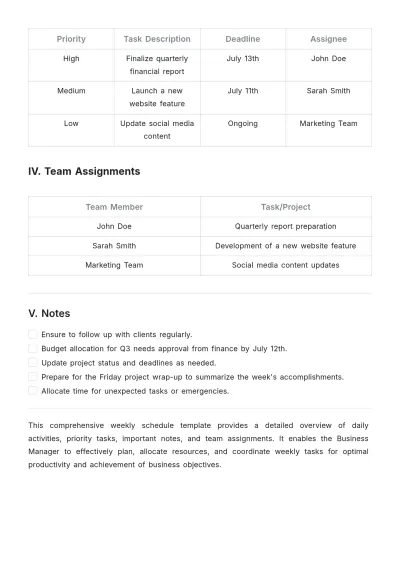 Free Weekly Business Schedule Template to Edit Online