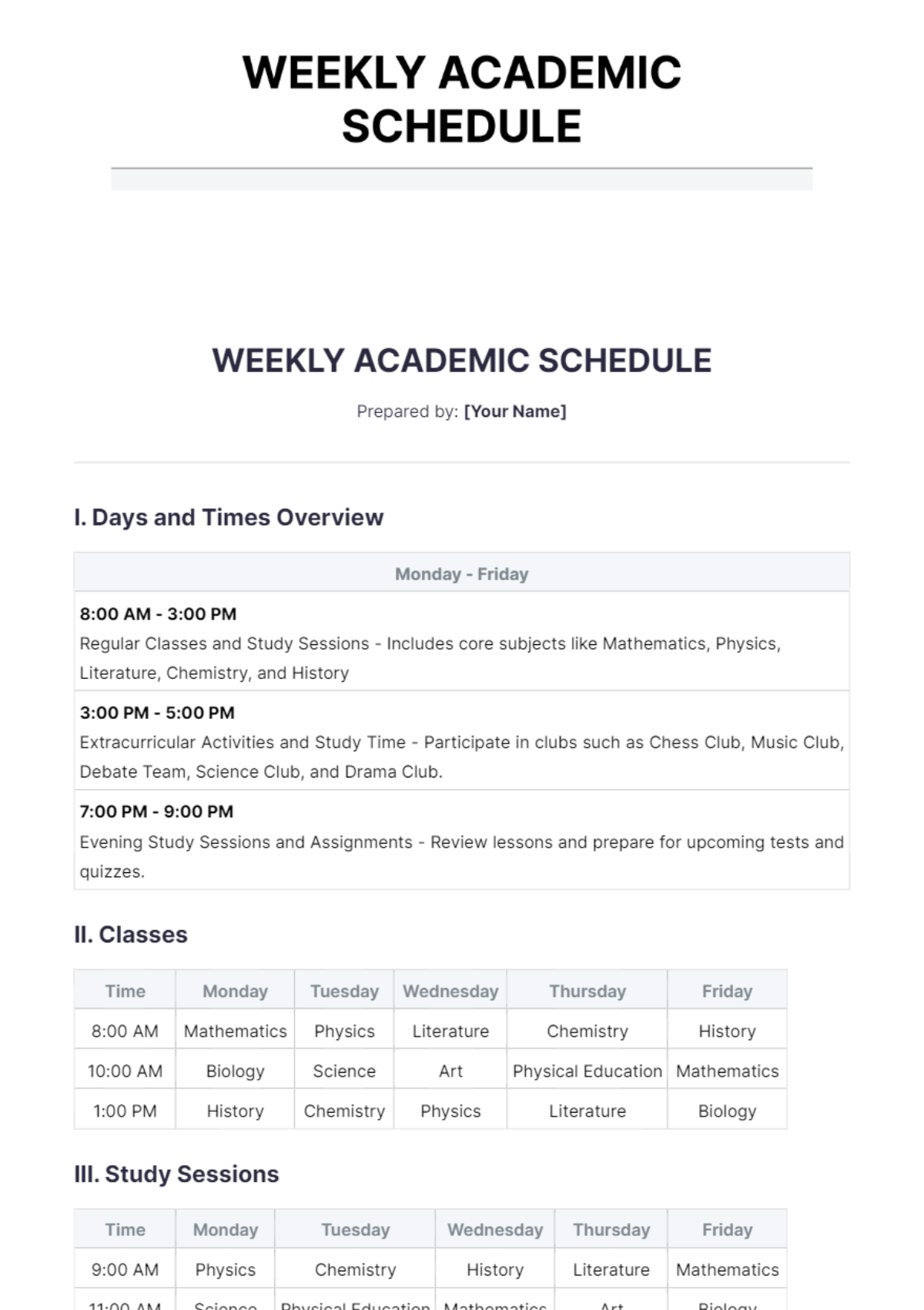 Weekly Academic Schedule Template - Edit Online & Download