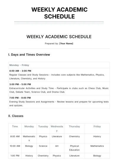 Free Weekly Academic Schedule Template to Edit Online