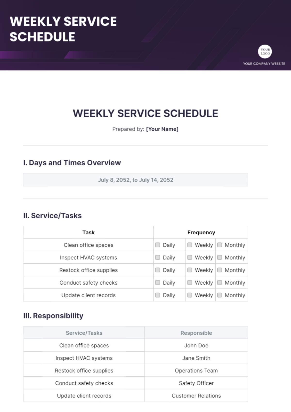 Weekly Service Schedule Template - Edit Online & Download