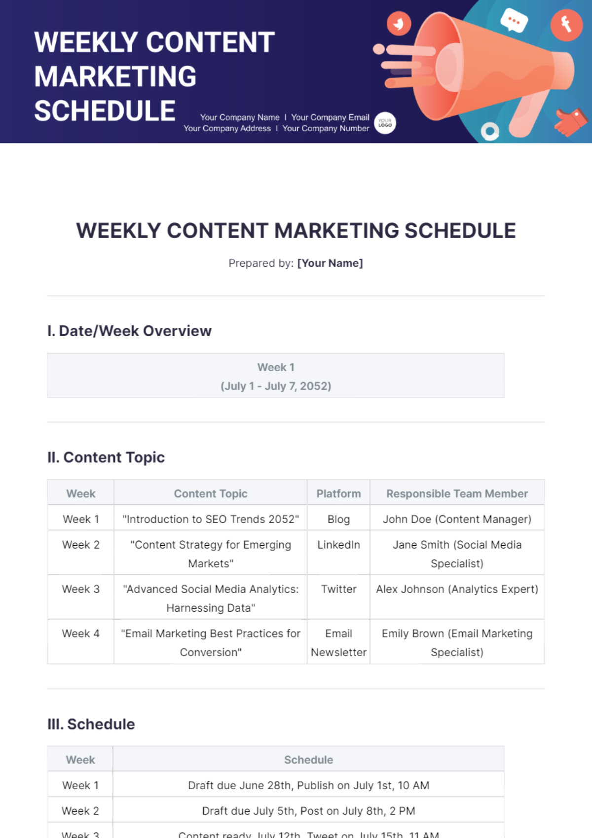 Weekly Content Marketing Schedule Template - Edit Online & Download