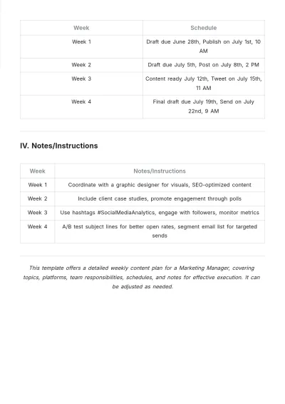 Free Weekly Content Marketing Schedule Template to Edit Online