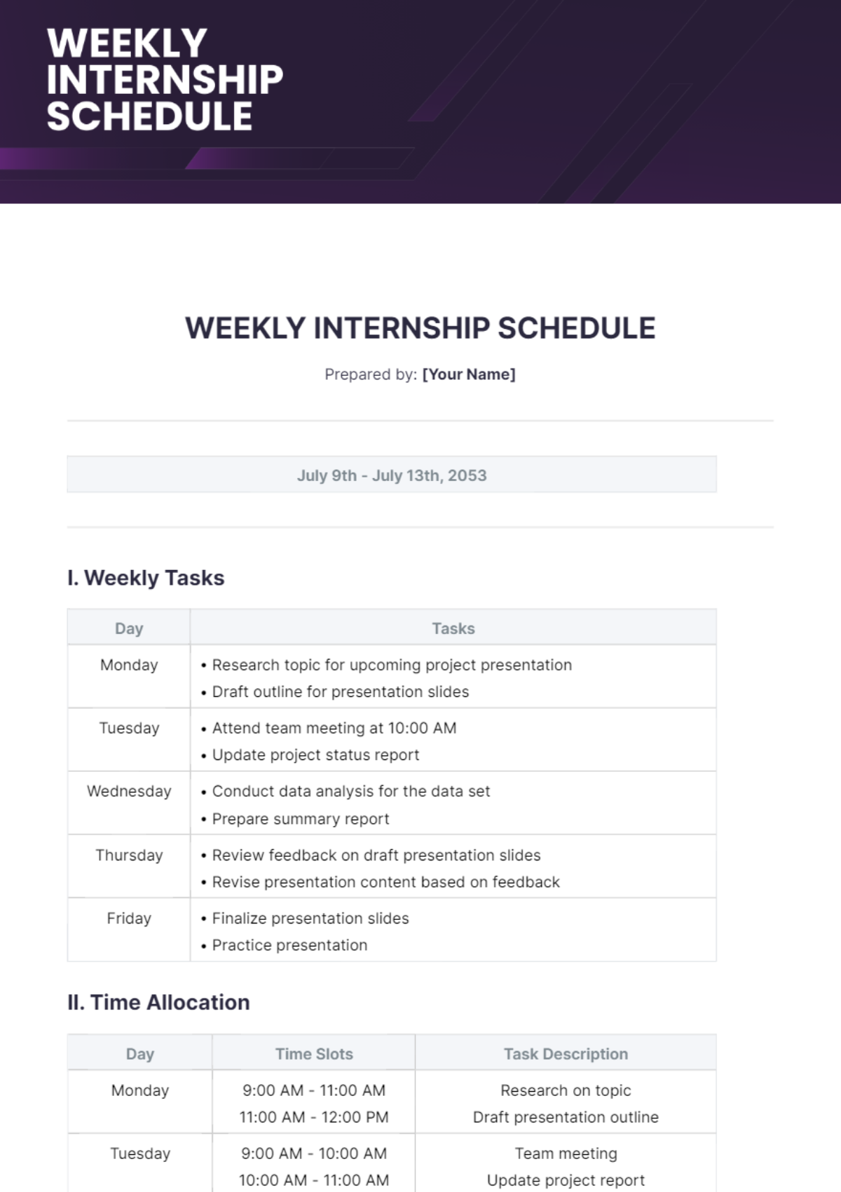 Weekly Internship Schedule Template - Edit Online & Download