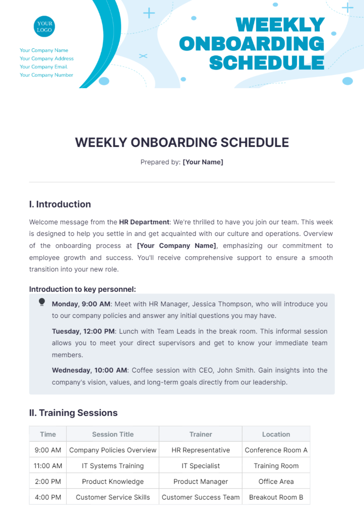 Weekly Onboarding Schedule Template - Edit Online & Download