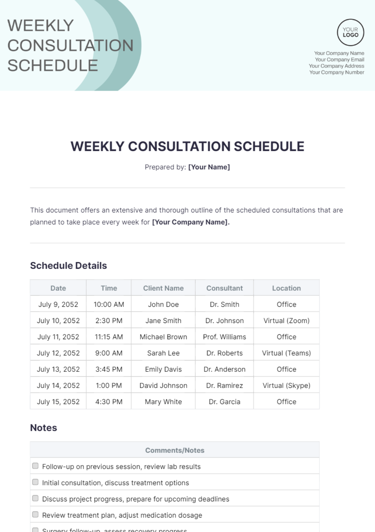 Weekly Consultation Schedule Template - Edit Online & Download